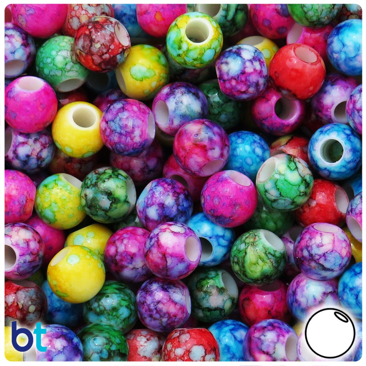BeadTin Mixed Marbled 12mm Round Large Hole Plastic Pony Beads (75pcs)